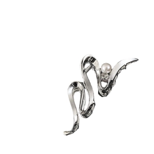 Minimalist silver wavy metal hair claw clip with a single white pearl accent for women