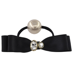 Elegant black satin bow hair tie with large pearl and sparkling rhinestone accents