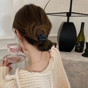 Navy blue floral hair tie for women, minimalist resin flower design on elastic band