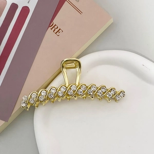 Elegant gold wave hair claw clip with sparkling white rhinestones in Korean style