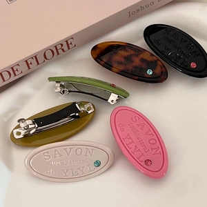 Oval resin hair clips with luxury letter engraving and rhinestone in multiple colors