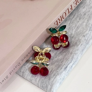 Mini Pince à Cheveux en Forme de Cerise pour Femmes Filles Doux Alliage Cristal Artificiel Bijoux de Cheveux Accessoires
