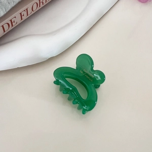 Close-up of translucent green resin hair claw clip with gold Barrette la France logo