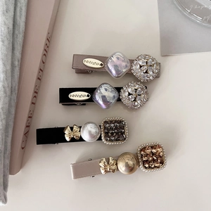 Elegant Rhinestone Faux Artificial Pearl Duckbill Hair Clip Vintage Satin Bow Hair Accessory For Women Luxury Styling Bangs Clip