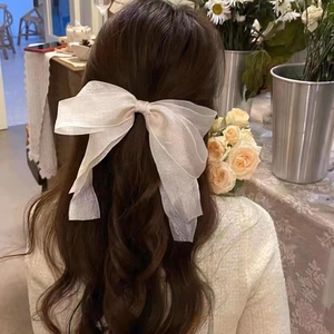 Französischer Stil Großer Schleifen Haarclip Mit Langen Bändern Netzgewebe Handgefertigter Federclip Eleganter Kopfschmuck Damen