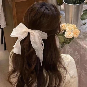 Detail einer weißen Schleifen-Haarspange aus Netzstoff auf braunem Haar mit sanftem Licht