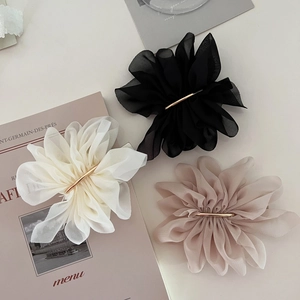 Elegant chiffon flower hair clips in black, cream, and rose pink with gold metal finish