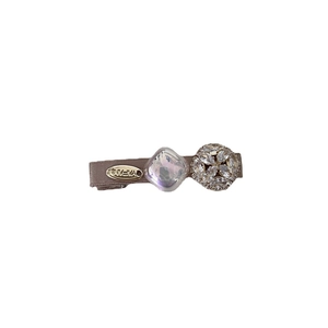 Elegant pearl hair clip with square crystal and rhinestone flower on brown satin base