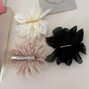 Elegant chiffon flower hair clips in cream, black and pink with metal duckbill grips
