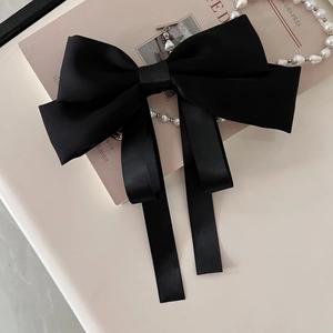 French Elegant Satin Bow Hair Clip With Long Streamers And Faux Artificial Pearl Chain Pendant For Women Vintage Hair Accessories