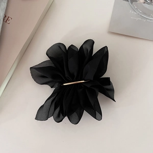 Elegant black chiffon 3D flower hair clip with a gold metal duckbill clamp for women
