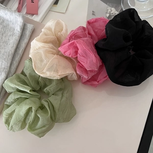 Elegant pleated mesh hair scrunchie set in green, beige, rose, and black colors