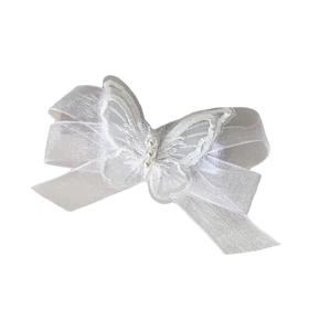 Elegant white mesh butterfly hair clip with embroidery and three pearls for women