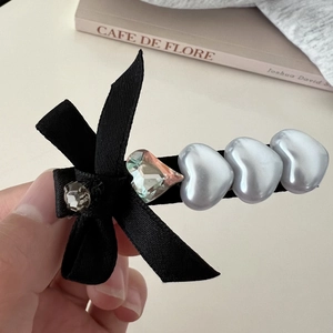 Barrette noeud noir style français avec perles de cœur et diamants pour femmes