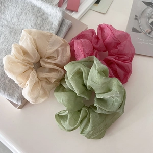 Three-piece pleated organza hair scrunchies set in beige, sage green and rose pink colors