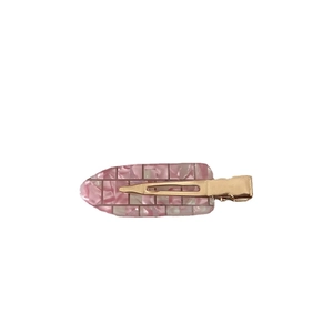 Pink and white checkered cellulose acetate hair clip with premium golden metal base