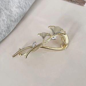 Pince à Cheveux Élégante en Feuille de Ginkgo Alliage Strass Pierre Oeil de Chat Artificielle pour Femme Style Coréen Or Accessoire