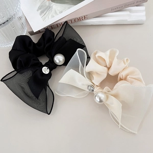 Chouchou Élégant avec Nœud Imitation Künstliche Perle Plaque Métal Satin Maille Multicouche Style Français Accessoires Cheveux Femme