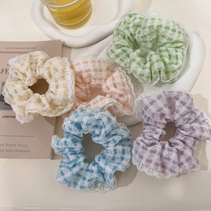 Plaid Lace Trim Scrunchie Sweet Fabric Hair Tie Ponytail Holder Bun Headwear Plaid Checkered Marquee Hair Ring For Women
