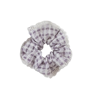 Lace-trimmed purple and white gingham scrunchie for women hair styling accessory