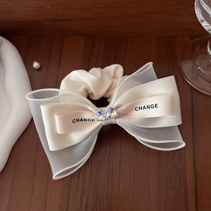 Eleganter beiger Netz-Haargummi mit Schleife, CHANGE-Text und Herz-Kristall-Detail