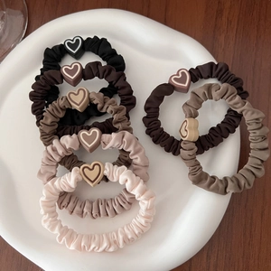Women Sweet Heart Charm Hair Scrunchies High Elastic Pleated Fabric Hair Rope Korean Style Ponytail Holder Hair Accessories