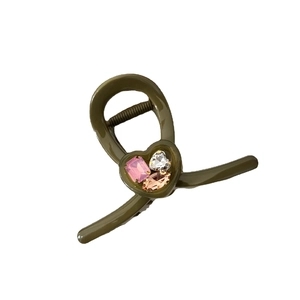 Elegant olive green heart hair claw clip with colorful rhinestones for women's updos