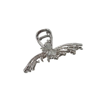 Polished silver metal butterfly hair claw clip with cat's eye stone inlay for elegant hair styling