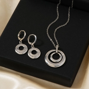 Vintage Copper Rhinestone Necklace Earring Set Geometric Round Double Circle High-End Jewelry Set For Women Wedding Party