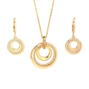 Elegant gold double circle necklace and earrings jewelry set with micro-pave crystals