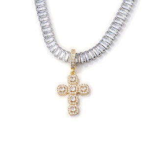 Iced out gold cross pendant on silver tennis chain necklace with shiny cubic zirconia stones