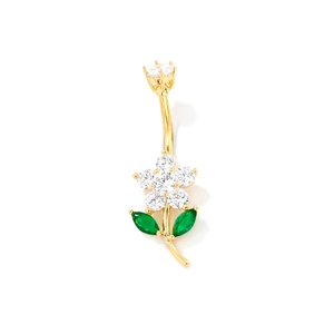 Magnifique piercing de nombril fleur dorée avec zircons étincelants et accents de feuilles