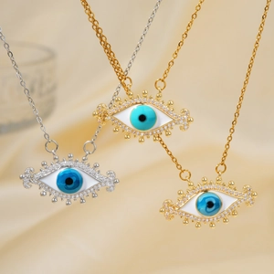 Evil eye pendant necklaces in gold and silver finish with blue enamel and sparkling zircons