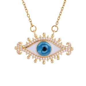 Golden Evil Eye pendant necklace with blue crystals and horizontal O-chain link