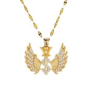 Collana hip hop dorata con segno del dollaro, corona e ali con diamanti incastonati