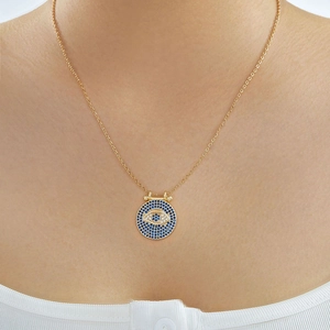 Collar hip hop dorado con colgante de medallón Evil Eye azul y cristales brillantes