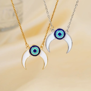Collana con Pendente a Mezzaluna Malocchio in Rame Placcato Oro Argento Smalto Gioielli Occhio Turco per Donna