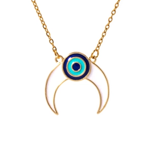 Collana bohémien a mezzaluna dorata con smalto bianco e ciondolo occhio blu