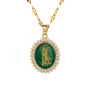 Religieuze Maagd Maria ketting in goud met groen emaille en witte zirkonia-stenen