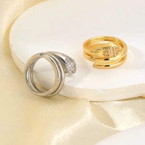Elegant gold and silver snake spiral open rings with sparkling cubic zirconia inlay