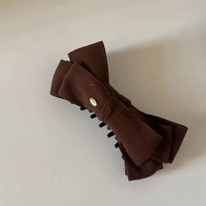 Vintage velvet bow banana clip in coffee brown with gold-tone Love engraved metal plate