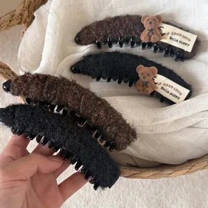 Korean Plush Banana Clip Autumn Winter Caramel Brown Hair Clip For Women Cute Fluffy Bear Hair Accessories Hair Claw Gift