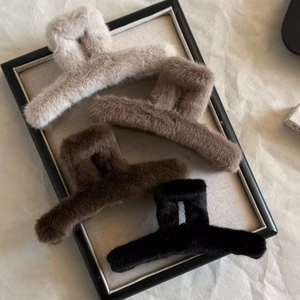 Set of four plush faux fur hair claw clips in gray brown and black for thick hair