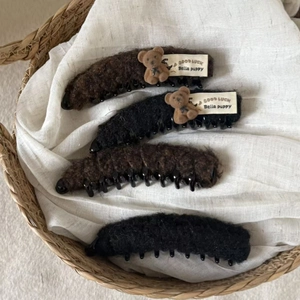 Brown and black plush banana hair clips set with cute teddy bear and fuzzy lamb wool texture