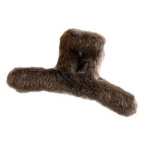 Minimalist large plush hair claw clip in dark brown faux fur for long hair styling