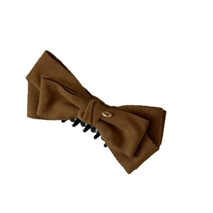 Vintage dark brown velvet bow hair clip with gold Love metal tag for elegant hairstyles