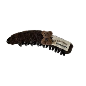 Caramel brown plush banana hair clip for high ponytails featuring a cute bear ornament