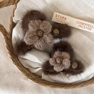Elegant Plush Flower Hair Claw Clip For Women Autumn Winter Coffee Brown Soft Furry Shark Clip Handmade Hair Accessories