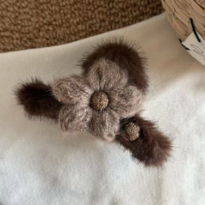 Brown plush flower hair claw clip with faux fur trim for elegant autumn winter hairstyles