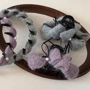 Set di Mollette per Capelli con Fiocco in Maglia e Fascia Intrecciata Autunno Inverno Con Künstliche Perle Nastro per Donna